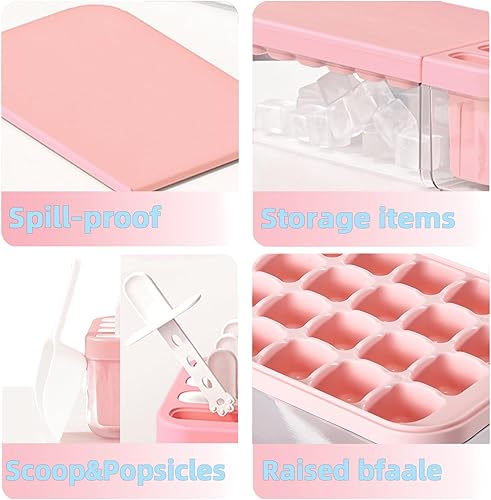 Miniatura 3 de Bandeja para cubitos de hielo con tapa y contenedor, 24 moldes para cubitos de hielo y 4 moldes para paletas con 4 palitos de paletas reutilizables,