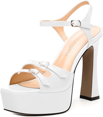 Womens High Heel Platform Sandals - Open Square Toe, Adjustable Buckle Ankle Strap, Versatile Party/Wedding/Daily Shoes