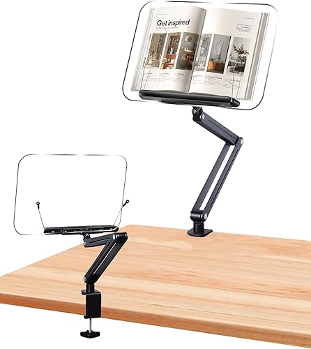 Miniatura 10 de ASIEIT Soporte de acrílico para libros con almacenamiento, soporte ajustable para libros con bases giratorias de 360° y clips elásticos para