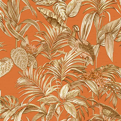 Full Roll Orange Gold Tropical Wallpaper Birds Palm Textured Paste The Wall Vinyl