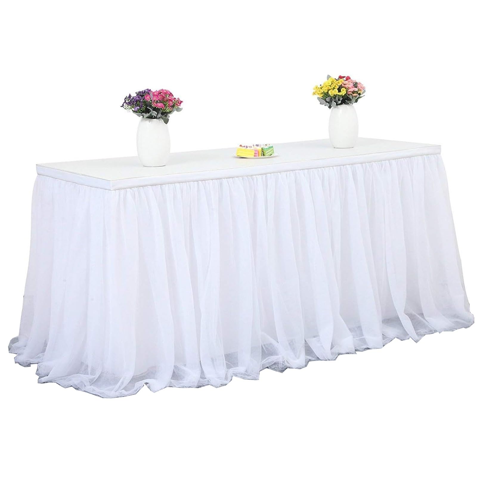 Biała tiulowa spódnica stołowa 420 x 75 cm – obrus tutu z falbanką na baby shower, urodziny, ślub, stół deserowy, artykuły Ele Par