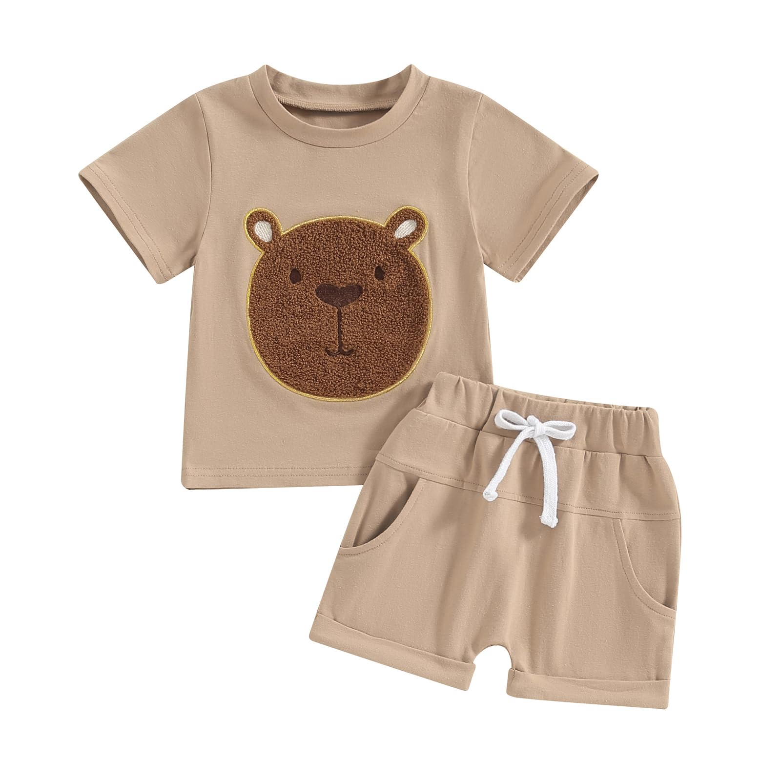 Bowanadacles Toddler Newborn Baby Boy Summer Outfit Clothes Bear Short Sleeve T Shirt Top Elastic Waist Shorts Set