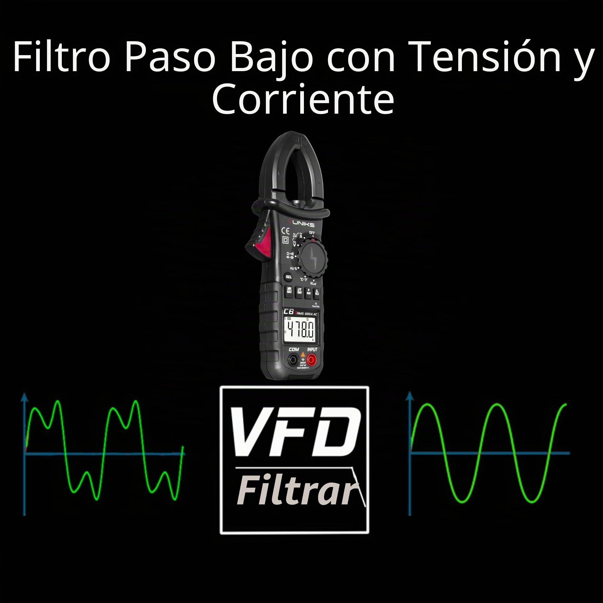 UNIKS - Pinza amperimétrica profesional digital TRMS C6 - Comprobador digital profesional 600 A - Medidor de corriente AC-DC Pantalla LCD y luz LED - Amperómetro ideal para fotovoltaica