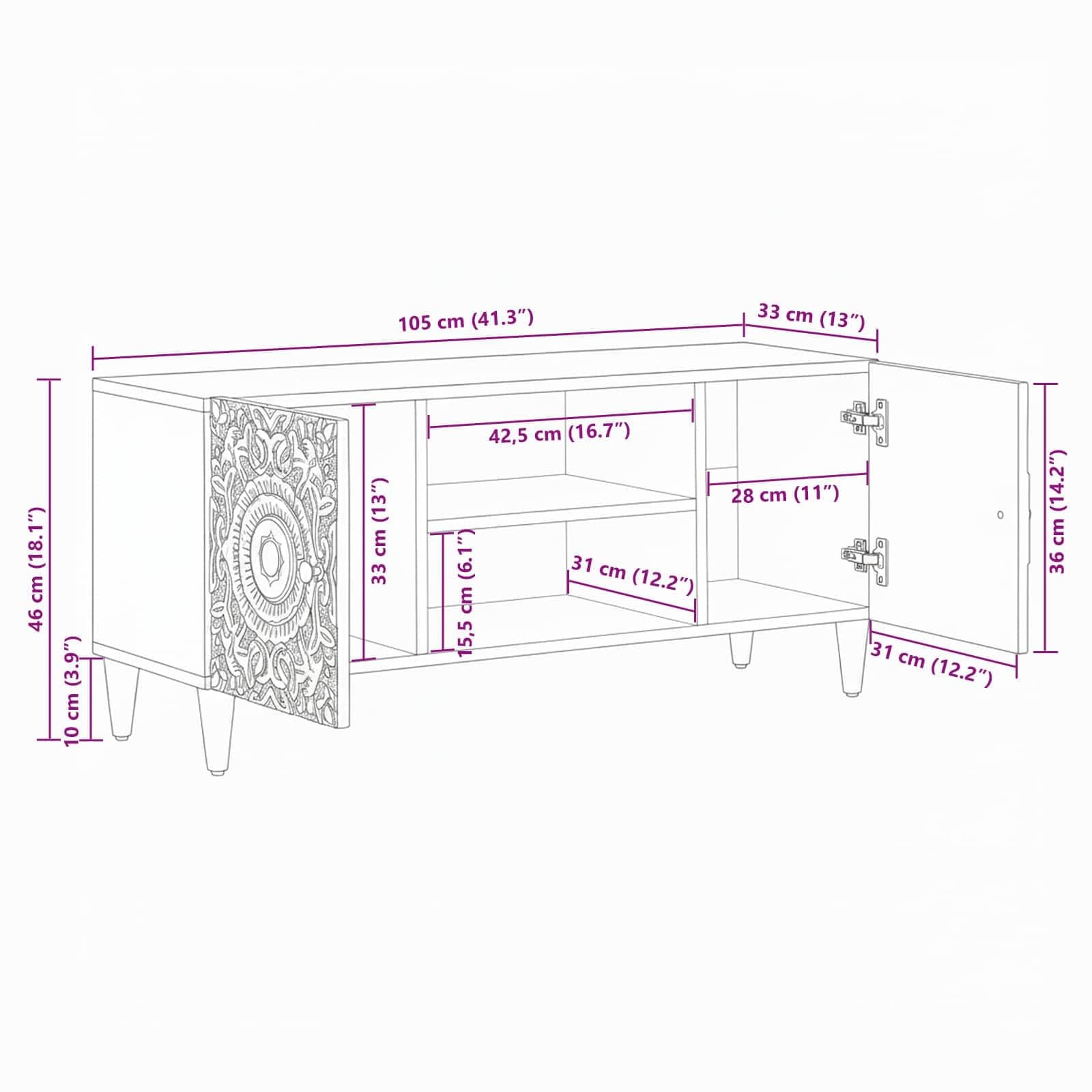Mobile TV bianco in legno massiccio di mango, 105 x 33,5 x 46 cm, con spazio e gestione dei cavi, cassettiera bassa per soggiorno, ufficio, home theater, CD, DVD e scaffale
