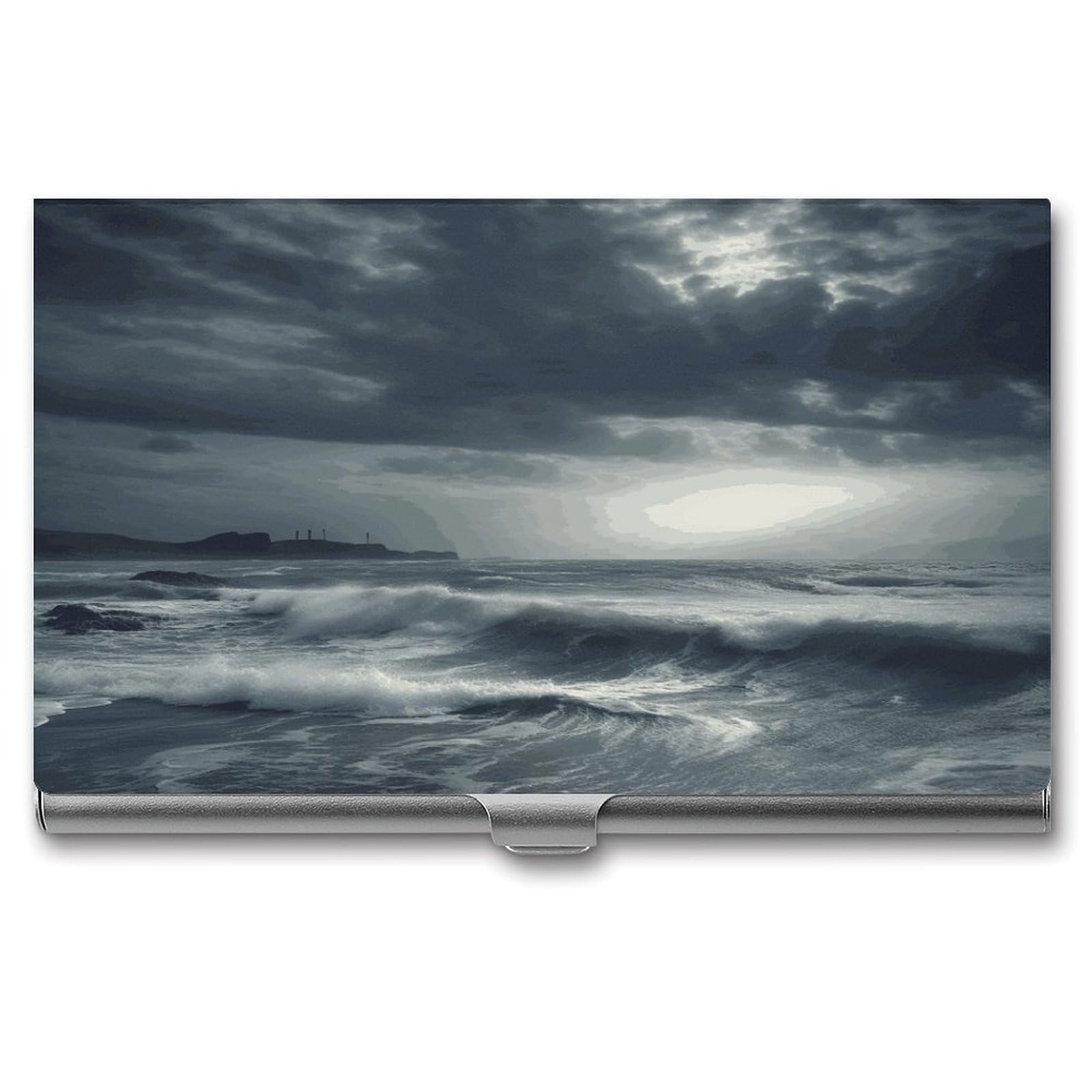 LDGSUPH Stormy Sea Business Card Holder Fashion Slim Name Card Holder Minimalist Design Case Metal Card Carrier Personalized Business Card Case with Flip for Men Women