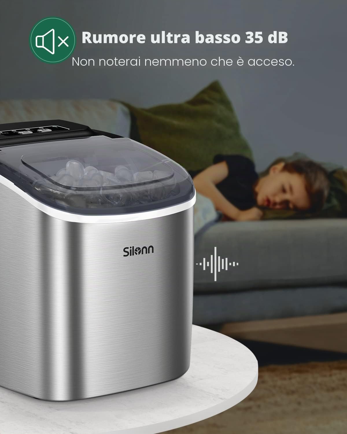 Silonn Macchina per cubetti di ghiaccio, piccola macchina per cubetti di ghiaccio con maniglia, 9 cubetti di ghiaccio in soli 6 min., 12 kg di ghiaccio in 24 ore, autopulente compatto con 2 dimensioni