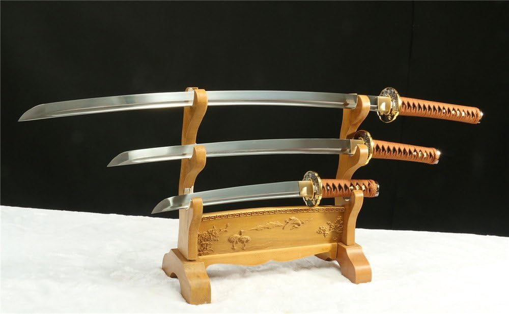 1095 Carbon Steel Forged Japanese Samurai Sword Set (Katana + WAKIZASHI +Tanto) Free Send Black Stand