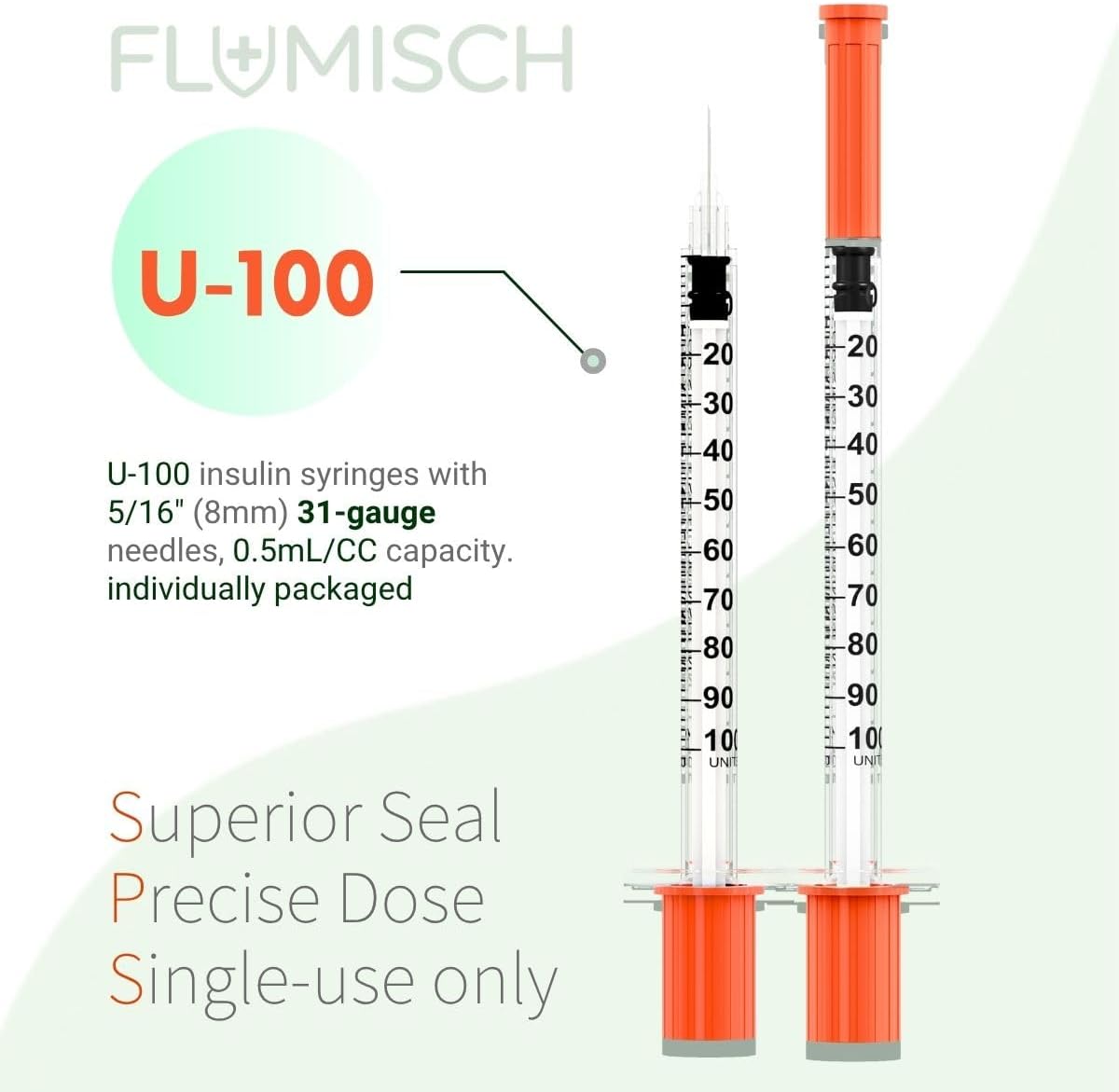 0.5cc U-100 Insulin Syringes with 5/16"(8mm) 31 Gauge Needle, Bold Dosing Marks, Disposable, Box of 30