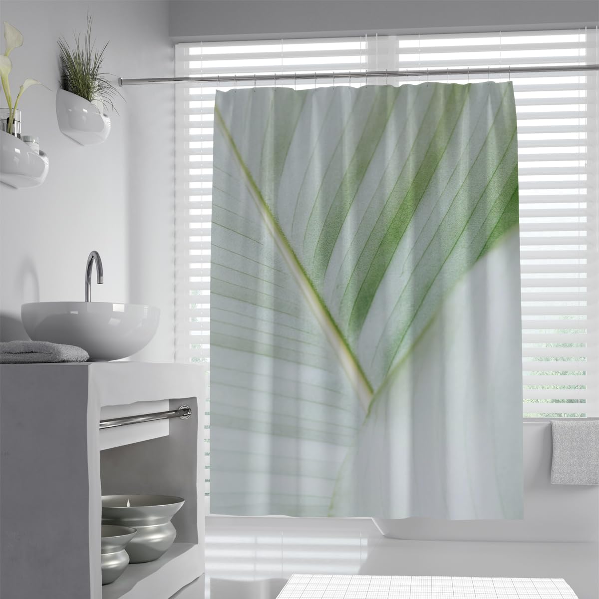 UIRINGART Light Green Palm Leaf Shower Curtain W150xL200cm Soft Tropical Foliage Stem Waterproof Anti Mould Bathtub Screen with Hooks