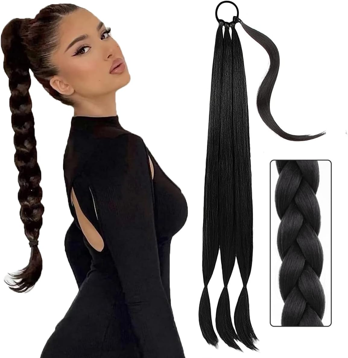 30 Inch Long Braided Ponytail Extension, Hair Extension With Tie Straight Wrap Around Extensions For Women, Natural Synthetic Daily Wear