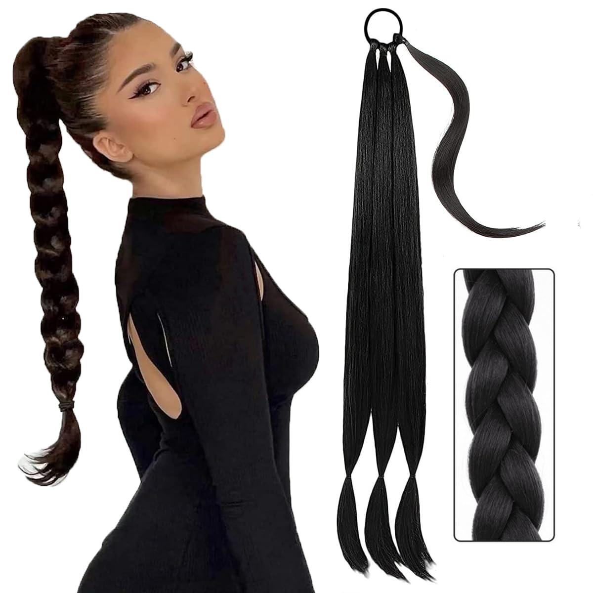 30 Inch Long Braided Ponytail Extension, Hair Extension Ponytail with Hair Tie Straight Wrap Around Hair Extensions for Women, Natural Synthetic Braided Ponytail Daily Wear