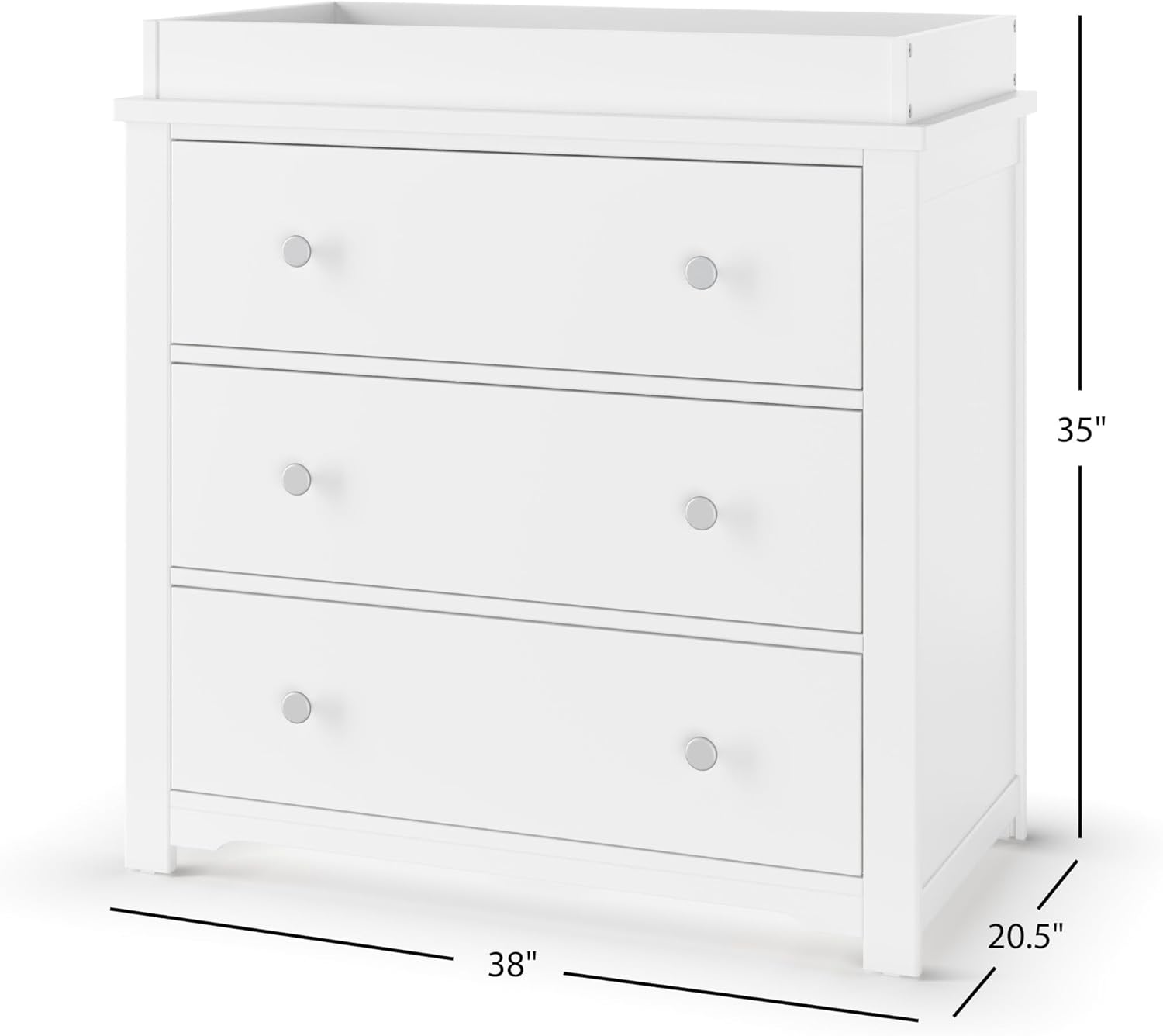 Child Craft Harmony 3-Drawer Dresser with dimensions labeled: 38 inches length, 20.5 inches width, 35 inches height (without dressing kit).