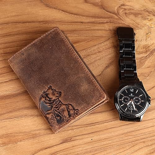 Image of Bear Trifold Wallet for Men - Full Grain Cowhide Leather, RFID Blocking, Handmade Vintage Men's Leather Wallet, Gift for Dad, Husband, Outdoorsmen