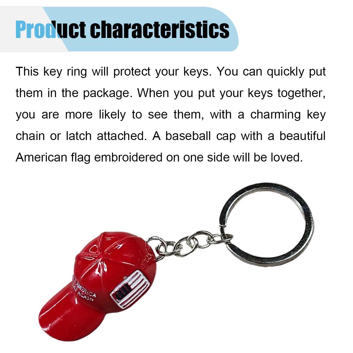 Car Hat Keychain Cool Metal Keychain with Key Ring Baseball Cap Keychain with USA Flag Auto Key Fob — view 3