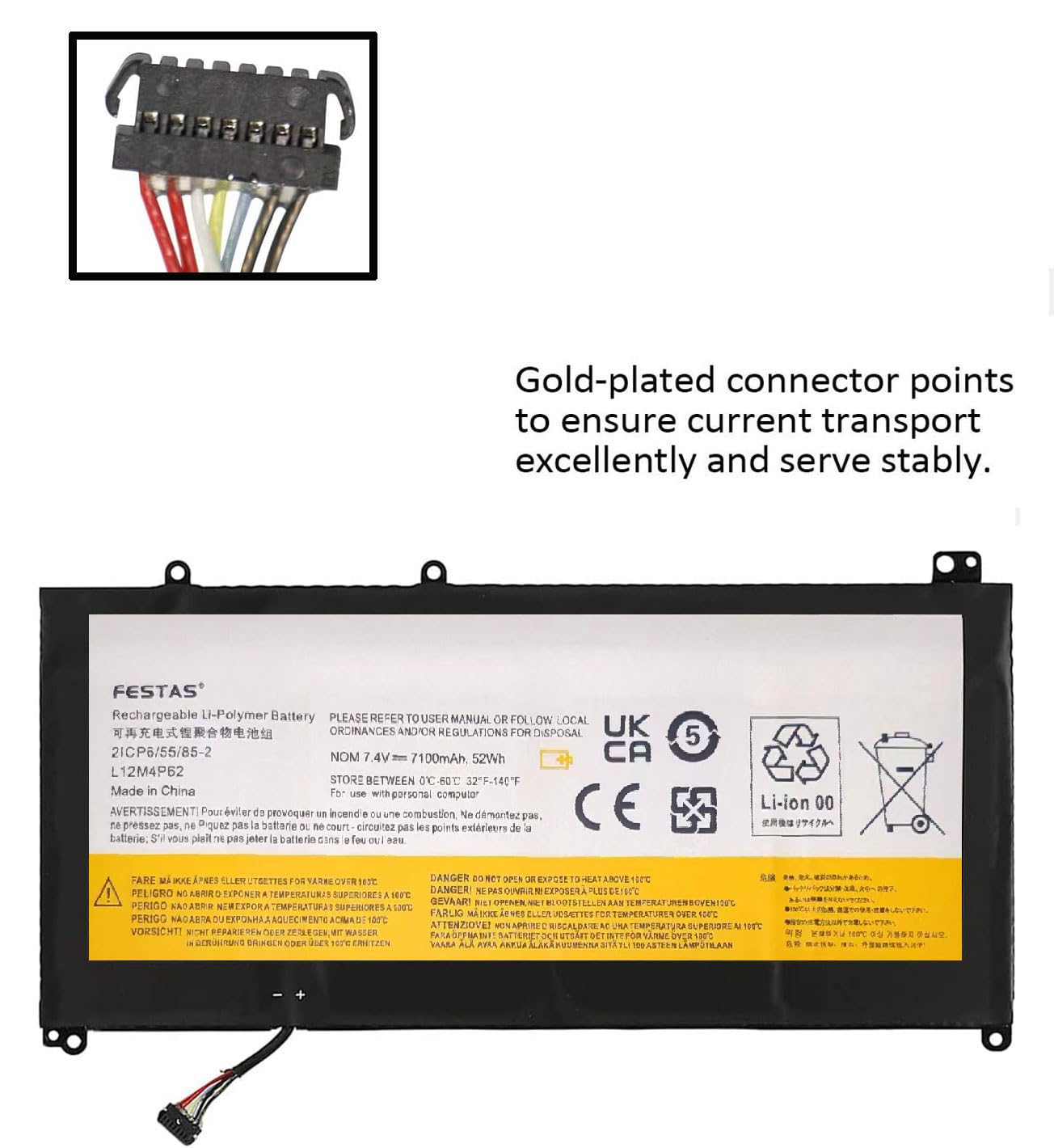 FESTAS 7,4 V, 7100 mAh, 52 Wh, langes Kabel L12L4P62 L12M4P62, Akku, kompatibel mit Lenovo Ideapad U430 U530 Touch Series L11L6P61 L11M3P62 2ICP6/55/85-2 3ICP8/60/60 Computer / Laptop