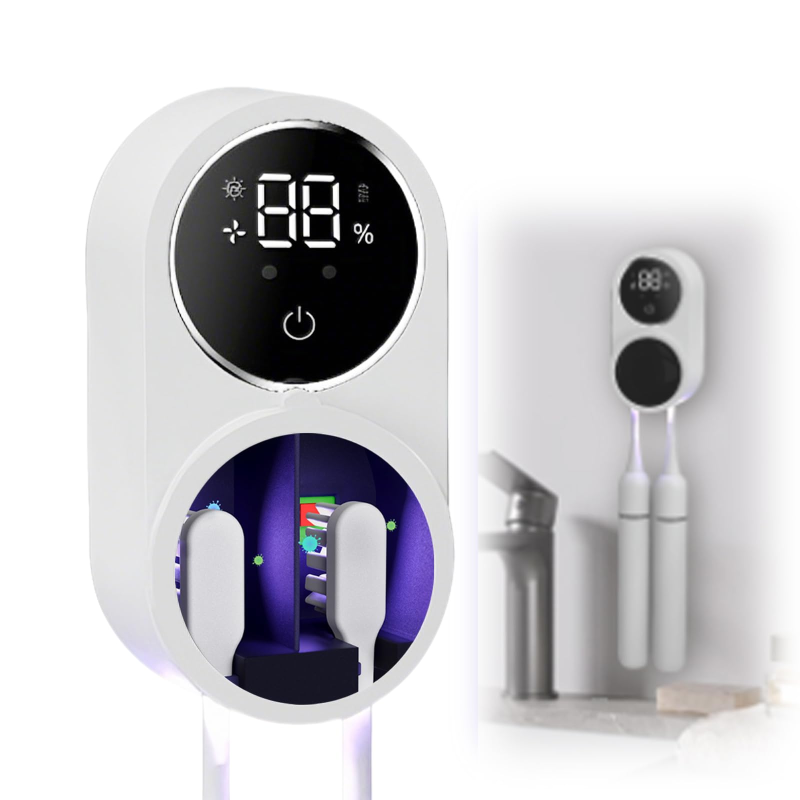 Porte-Brosses à Dents Stérilisateur UV avec Capteur Automatique, Affichage LED, Désinfection 99,9% & Séchage à l'Air, Rechargeable Murale pour 2 Brosses à Dents