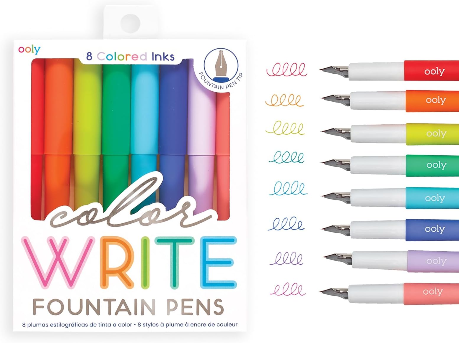 Ooly Color Write Colorful Fountain Pens, Pack of 8 Colored Ink Fountain Pens, Use Refillable Ink Cartridges, Fine Tip for Calligraphy Drawing, Handlettering, School Supplies