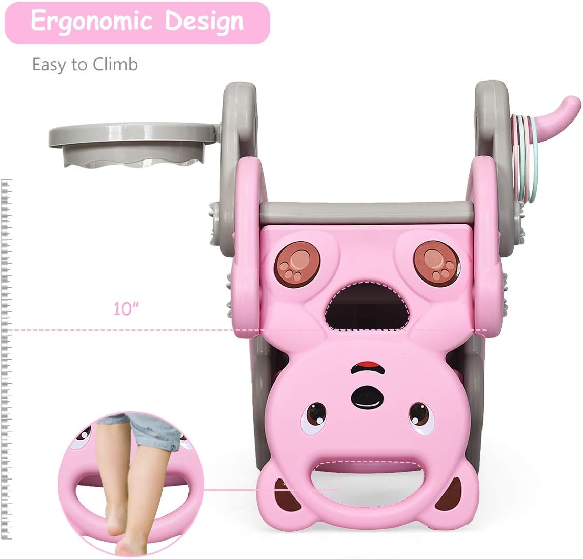 Costzon 5 in 1 Toddler Slide Rocking Toy, Slide for Kids with Detachable Stool, Basketball Hoop and Ring Game, Foldable Climber Playground Slide for Both Indoors Outdoor Use (Pink Bear)
