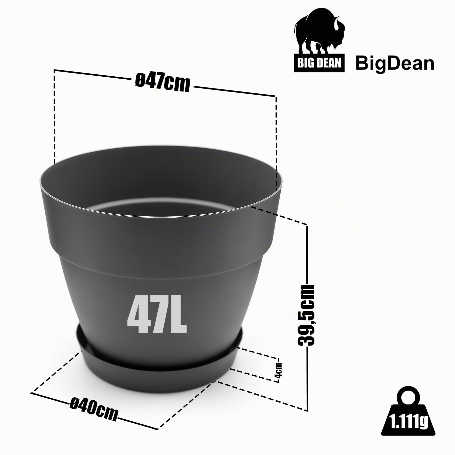 BigDean Lot de 3 pots de fleurs ronds avec soucoupe, diamètre 47 cm, anthracite, cache-pot pour l'intérieur et l'extérieur, en plastique incassable et fabriqué en Europe