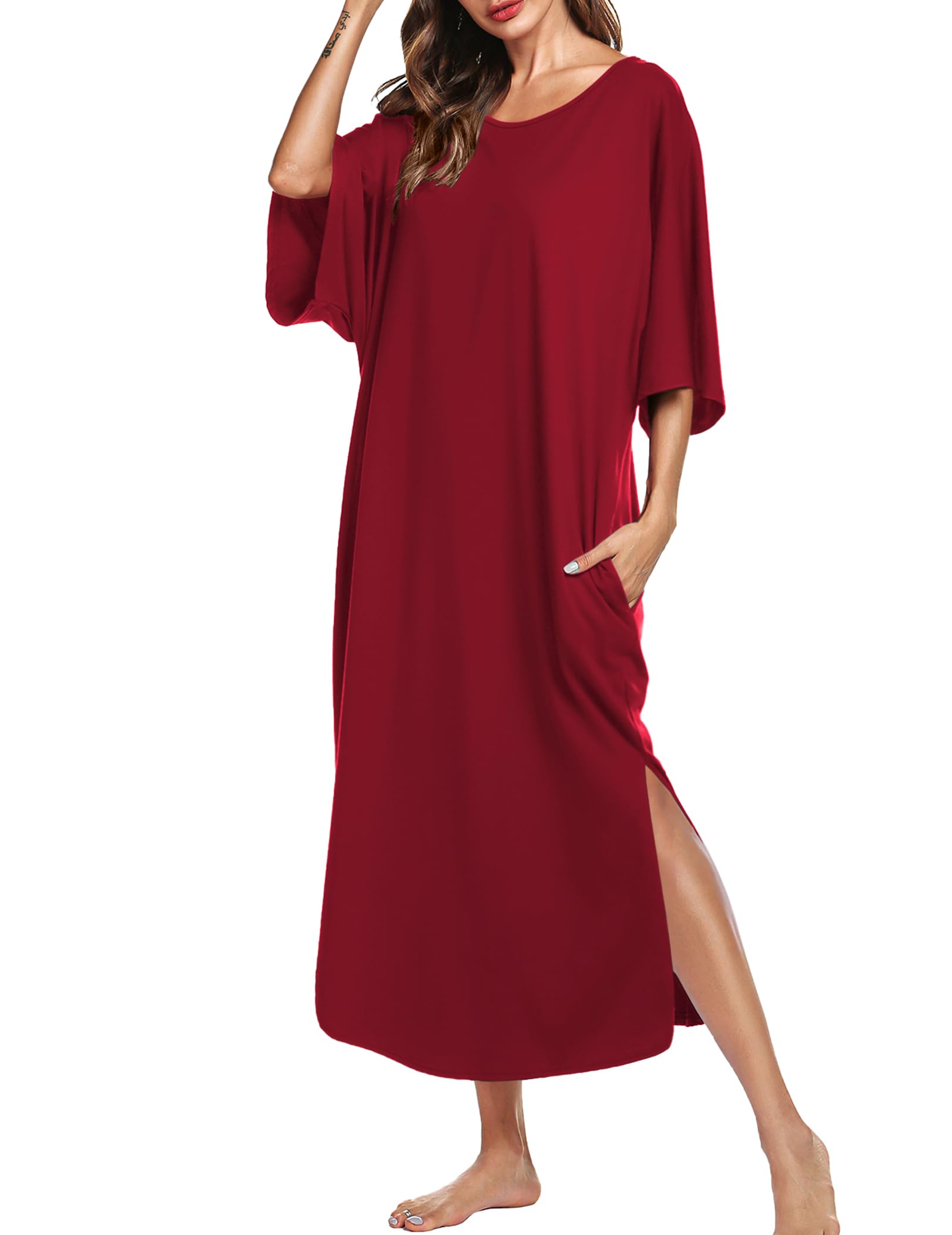 Ekouaer Long Nightgowns for Women Short Sleeve Night Gowns with Pockets | Casual Maxi Lounge Dress, Round Neck Sleep Dress, Plus Size House Dress, Side Split Sleepshirts for Lounging, Home, Party