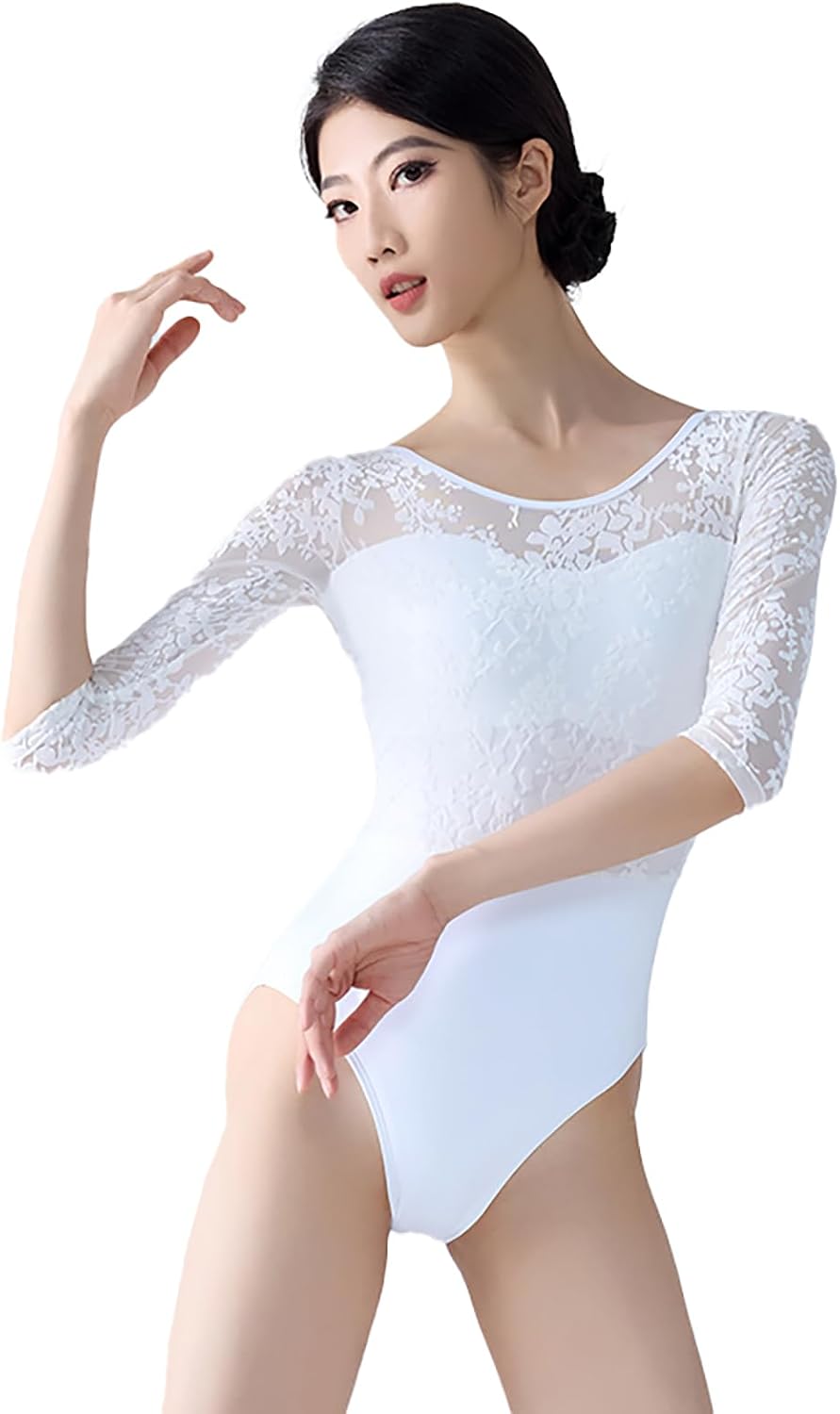 BAIWU 124141186 Women Adults Round Neck High Back Ballet Leotard Stage Dance Performance Wear