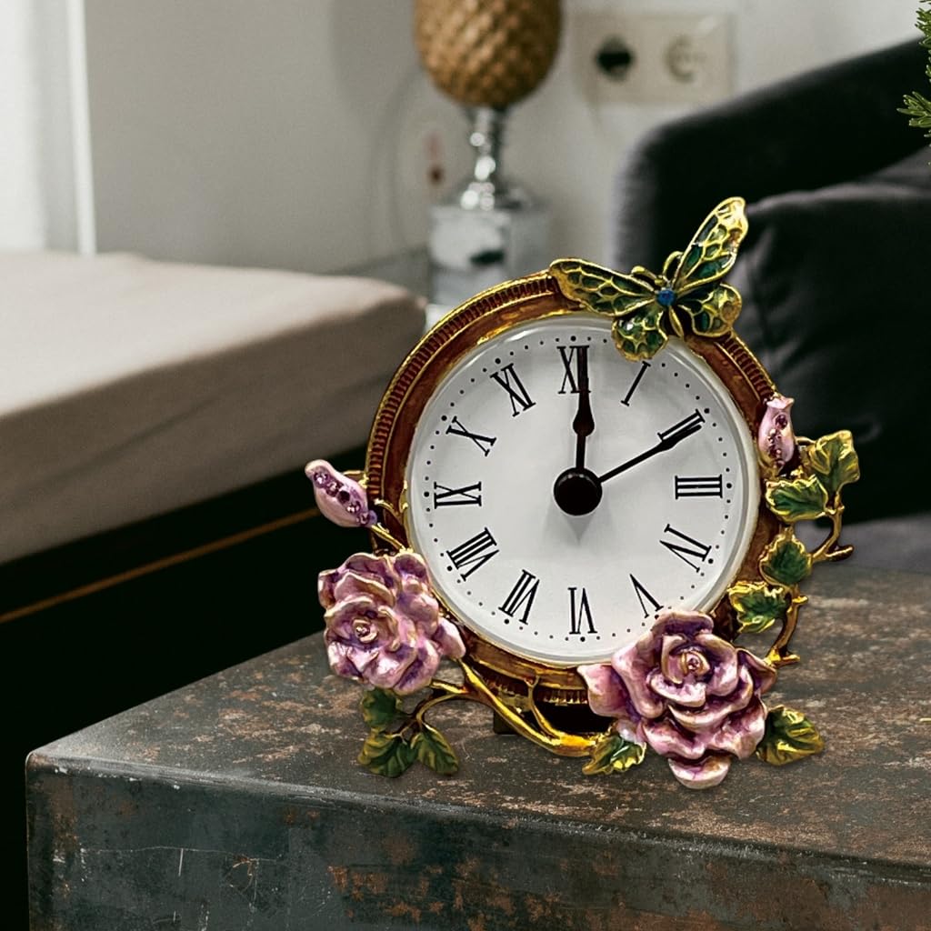 Elegancki mini zegar stołowy metalowy kwiatowy motyl do biura