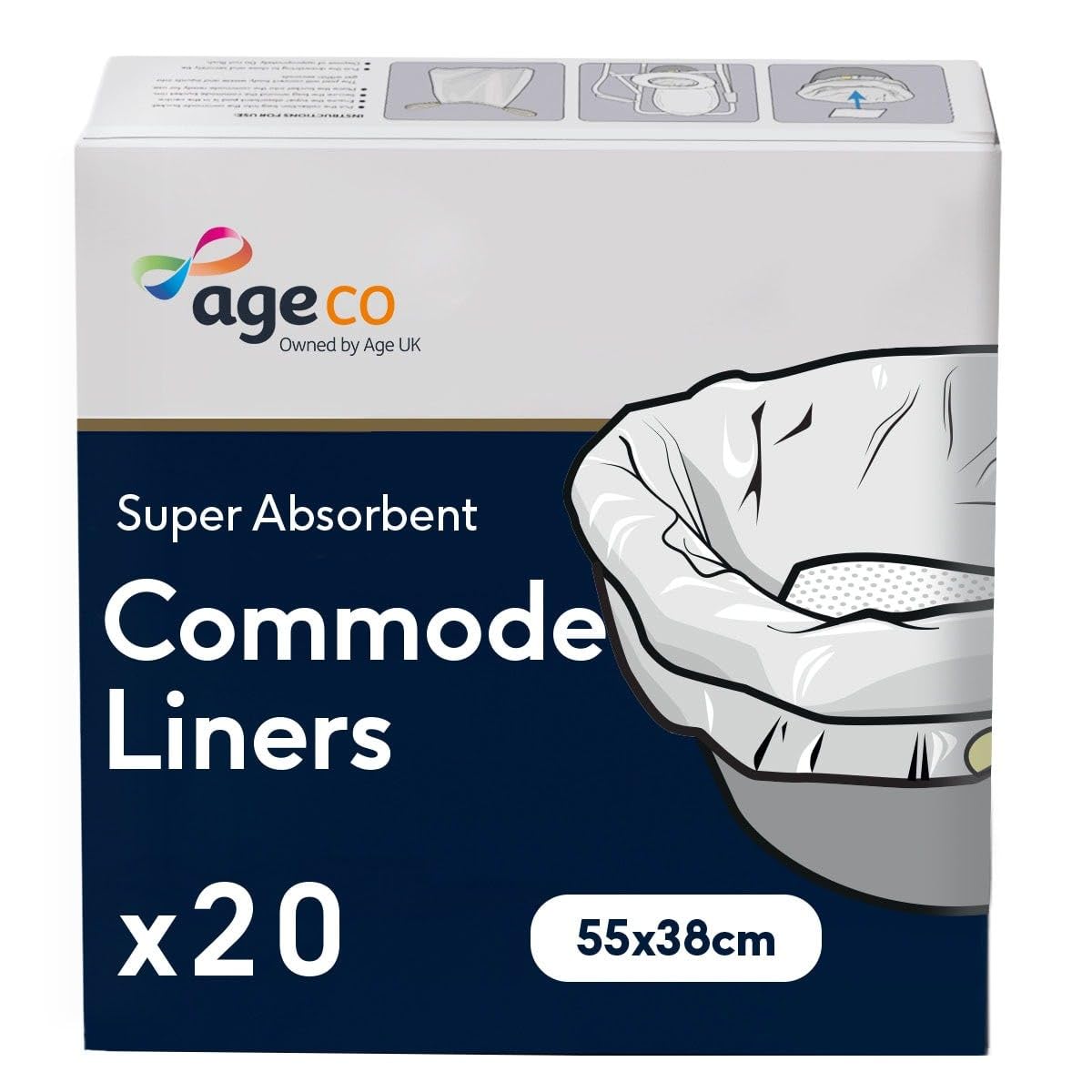 Age Co White Age Uk Incontinence Commode Liners | 2500Ml High Absorbency, Leakproof Protection, Disposable, Absorbent Core, Universal Fit & Odour Control, 20 Pack