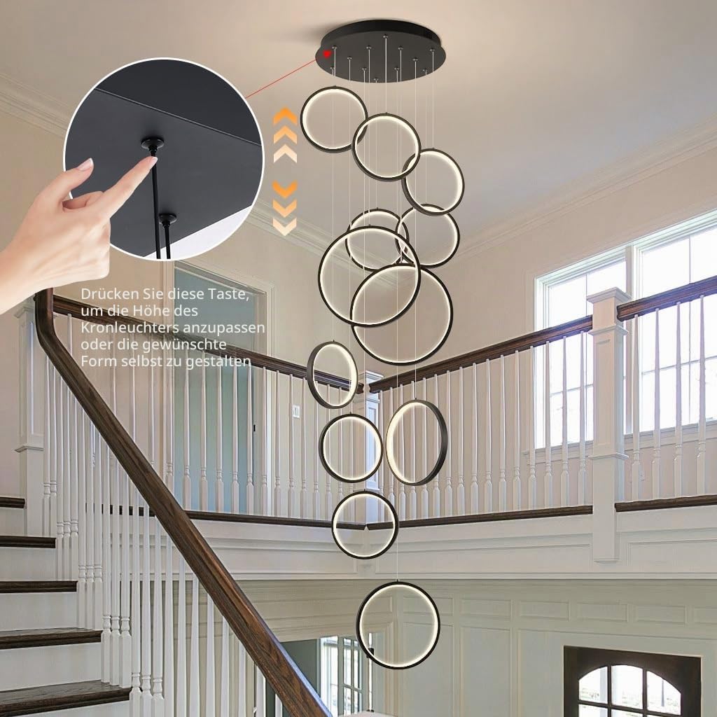 Modern LED Hängelampe Dimmbar Ringe Pendelleuchte Wohnzimmerlamp Aluminium Treppe Hängeleuchte Xuanguan Schlafzimmer Esszimmer Küchenlampe Höhenverstellbar Lampen(9-Ring)