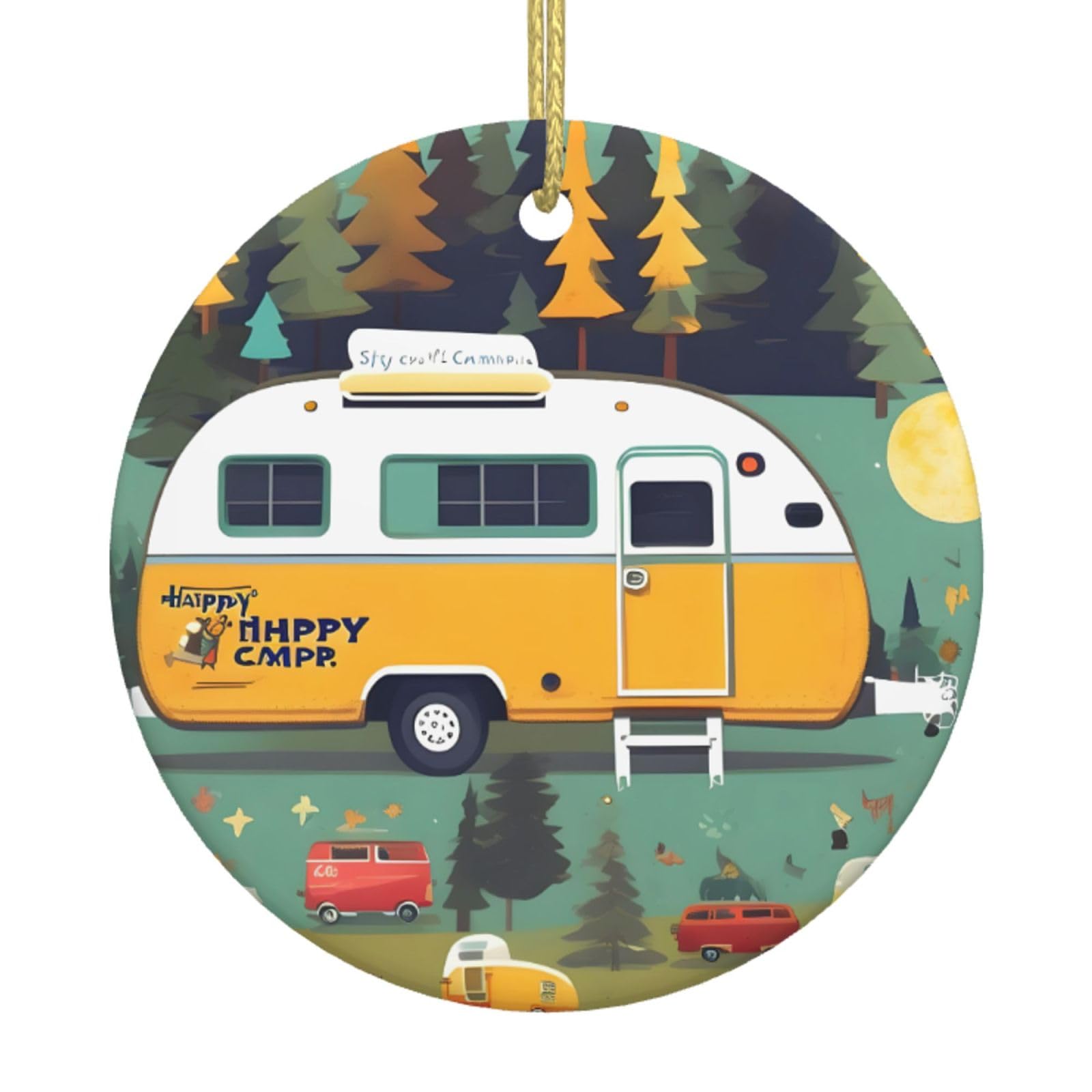 Happy Bus Campers Print Christmas Ornaments, Ceramic Hanging Ornament, Round Shape Decorations