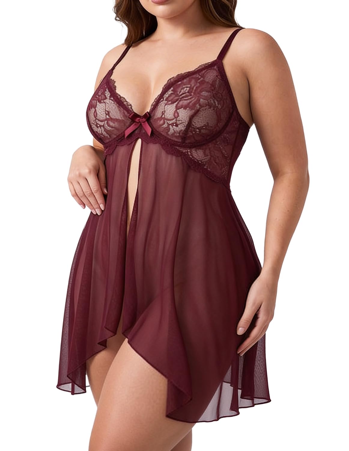 balirava Babydoll Night Dress for Women | Maroon Lace Nightwear with Matching Panty | Honeymoon Dress for Women Stylish | Free Size Babydoll Lingerie-picture-32