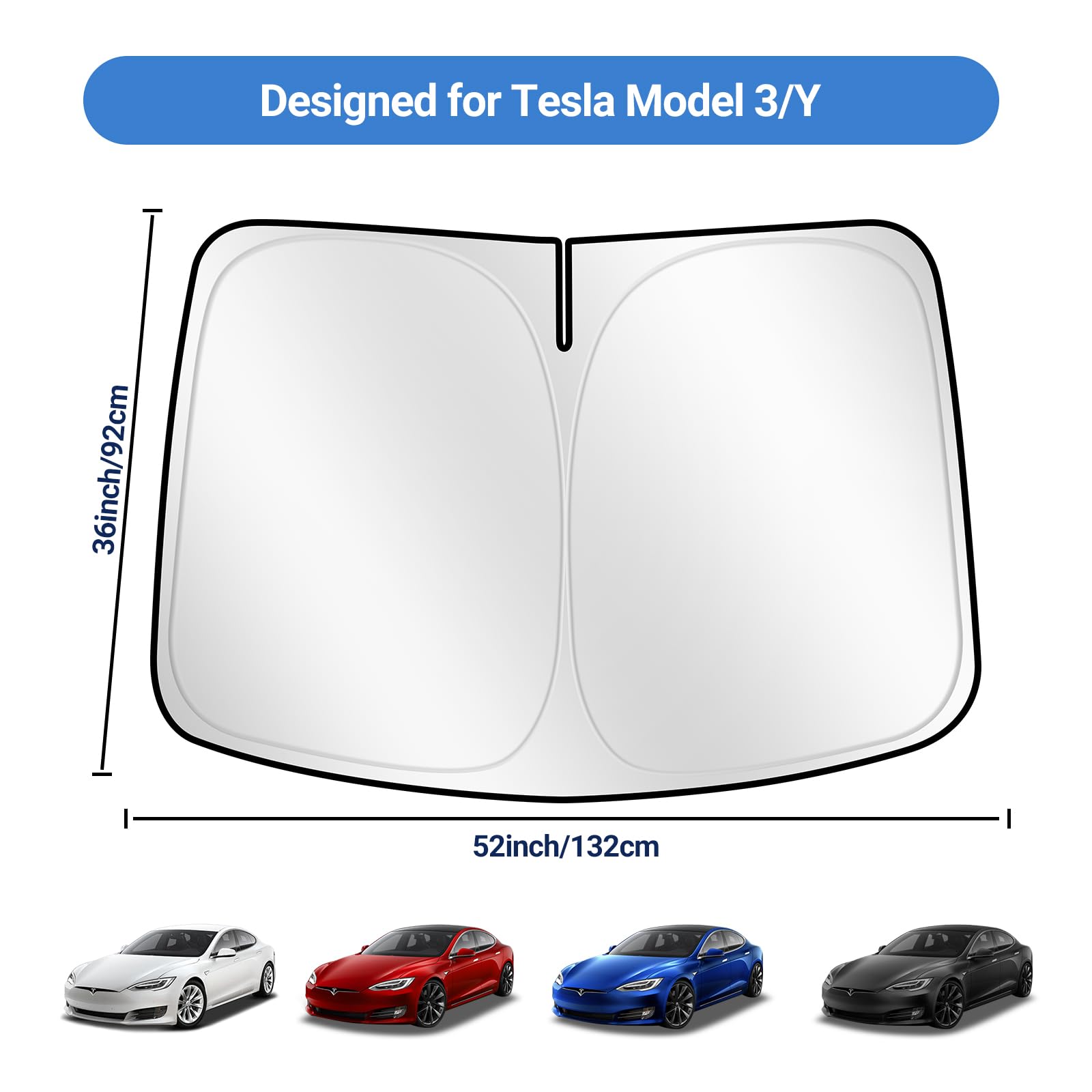 ZATOOTO Parasol Coche Delantero para Tesla Model Y Model 3, Protección Solar para Parabrisas, Cubierta Parabrisas para Bloques de Verano UV, Visera para Coche, Plegable, 132x92 cm