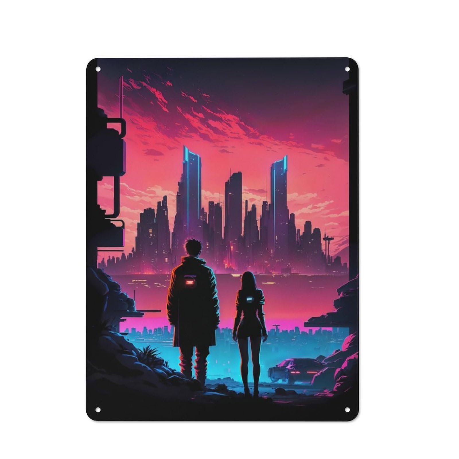 Junmoney Style-5 Bistro Style Future City Skyline Tin Wall Sign 40X30cm, Shop Wall Decor For Takeaway, Bar, Kitchen Or Counter Area