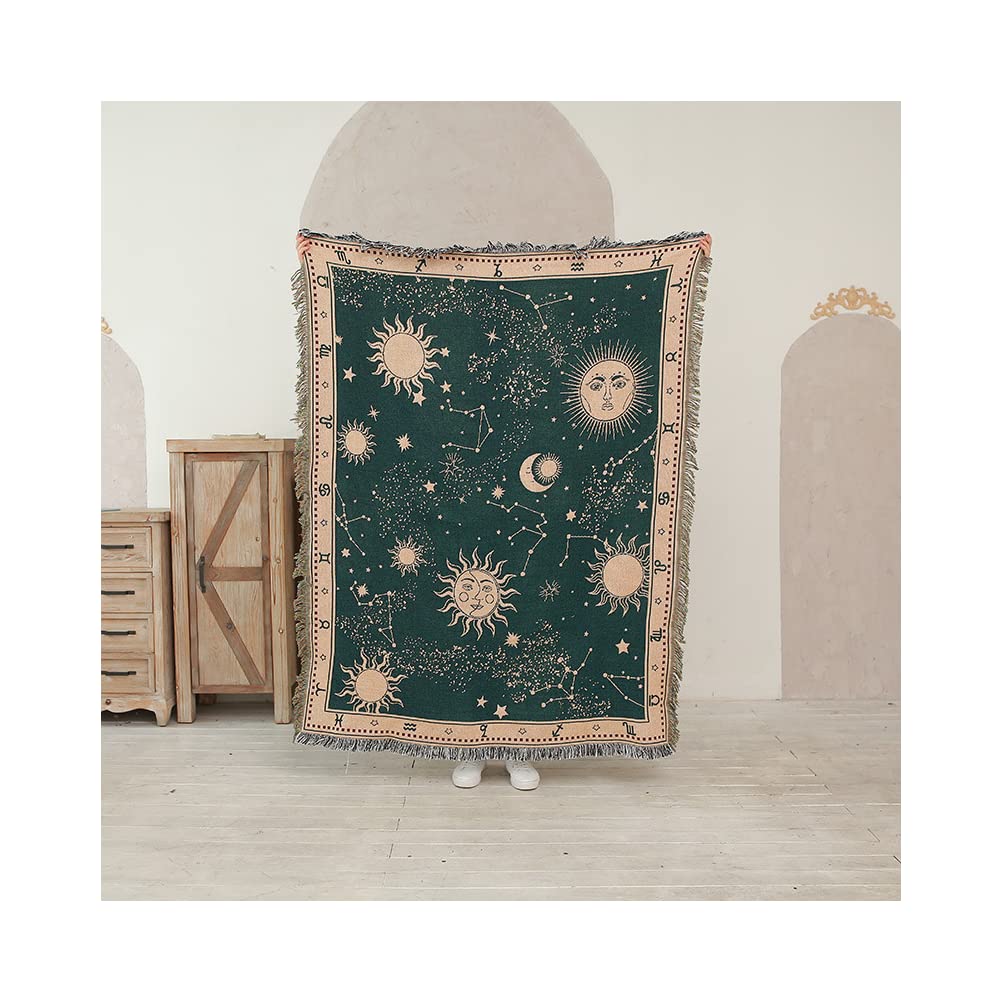 tiowik Sun Moon Stars Celestial Body Throw Woven Blanket with Tassel for Home Decoration Chair Couch Sofa Bed Beach Travel Picnic Cloth Tapestry Shawl