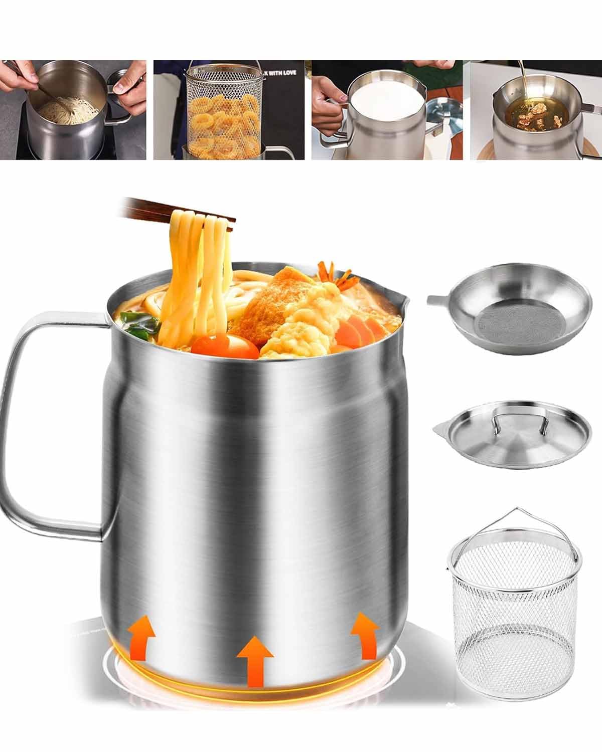Olla de filtro de aceite de acero inoxidable 304, depósito de filtro de aceite multifuncional de 2 litros, recipiente resistente con colador y tapa, ideal para cocinar, freír y filtrar aceite,