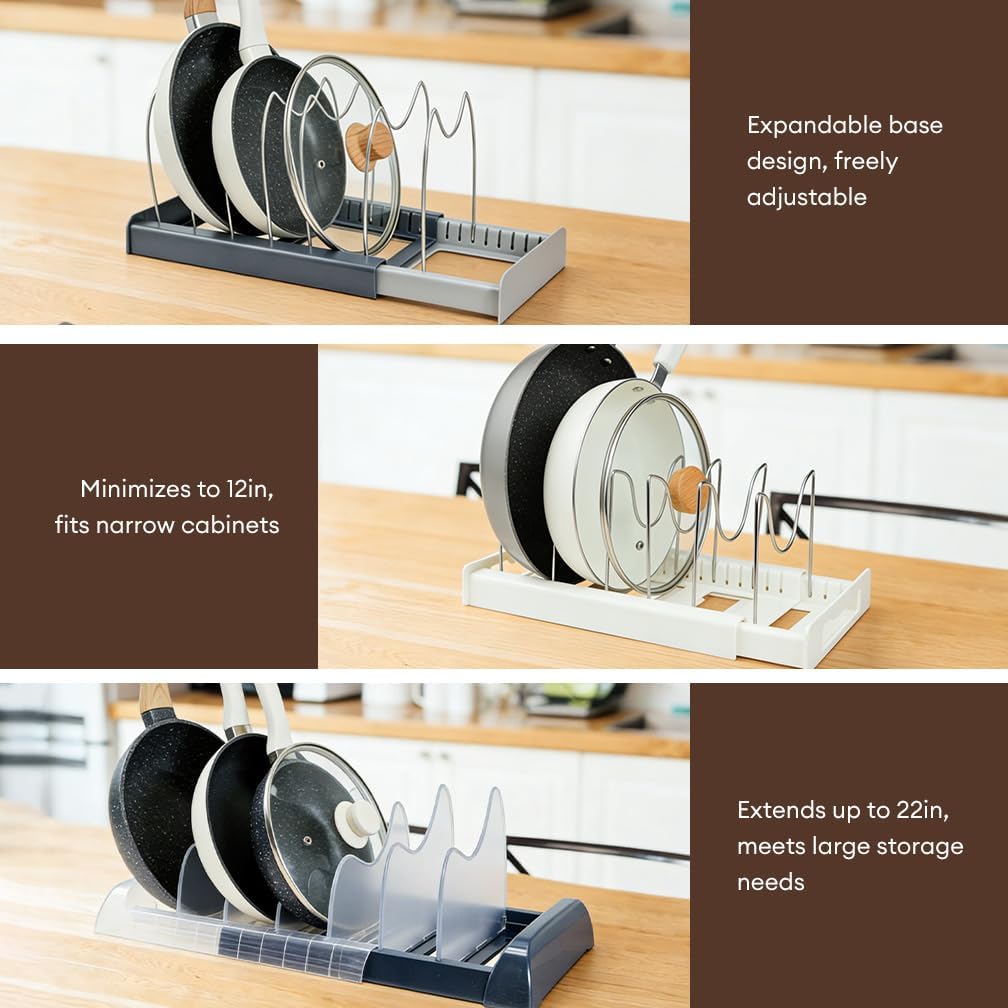 Expandable Pot and Pan Organizer Rack for Cabinet, Adjustable 35-58cm Kitchen Cabinet Organizer with 8 ABS Dividers for Lids, Cutting Boards, Bakeware, Dark Gray