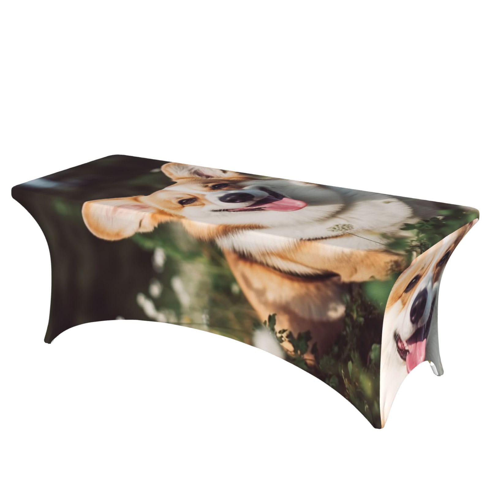 6FT Spandex Table Covers for Rectangle Tables, Wrinkle Resistant Stretch Tablecloths, Ultimate Fitted Happy Corgi Dog Table Cloth for Party, Wedding, Banquet