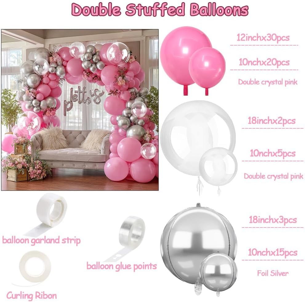 Red White Balloon Garland DOUBLE STUFFED Pink and Silver Balloons Different Size for Birthday Baby Shower Fall Halloween Thanksgiving Party Decoration