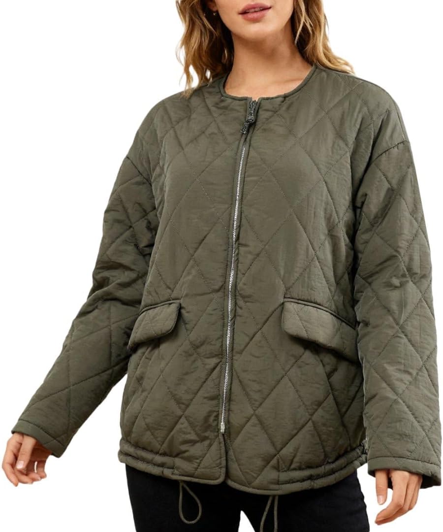 Amazhiyu Women's Quilted Puffer Zip-up Jacket with Drawstring Hem Oversized Coat
