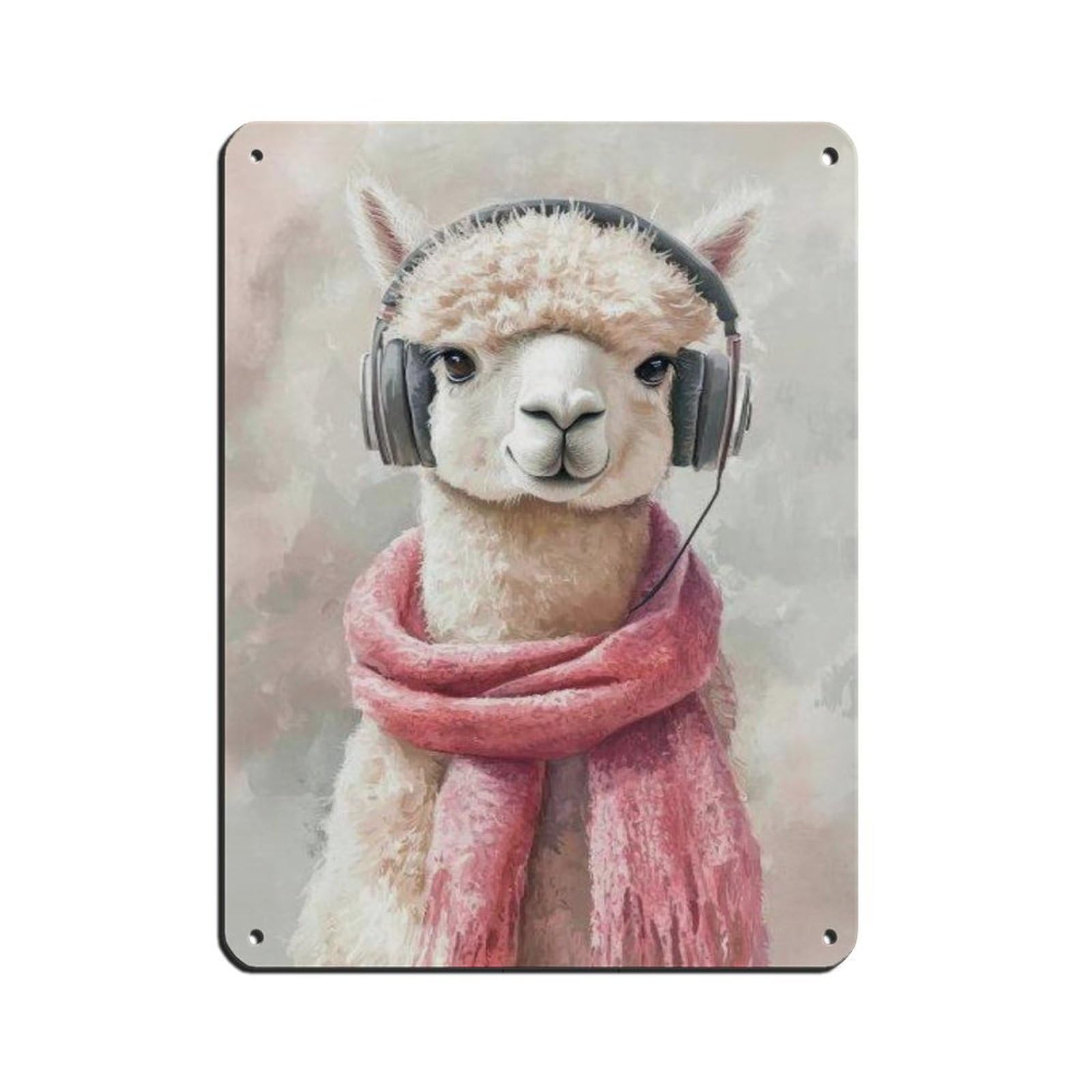 Lxwnze 30L X 40W Cm Cute Llama, Alpaca With Headphones Retro Poster Metal Tin Sign Chic Art Retro Iron Painting Bar People Cave Cafe Family Garage Poster Wall Decoration 12X16inch(30X40cm)