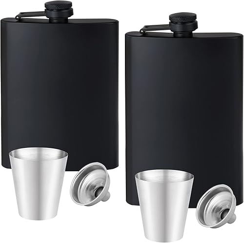 2 piezas de petaca para licor para hombre, embudo y tazas de acero inoxidable negro mate a prueba de fugas, con tapa de metal que nunca se pierde,