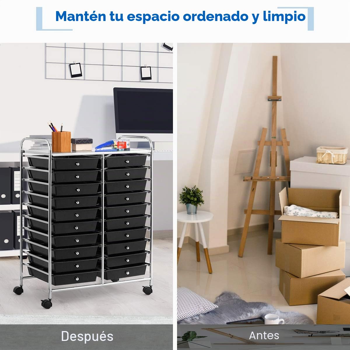 RELAX4LIFE Carrito de Almacenamiento con 20 Cajones y 1 Estante Superior, Carrito Auxiliar de 10 Niveles con 4 Ruedas Universales y 2 Frenos, Carro Multiusos para Baño, Cocina, Salón (Negro)