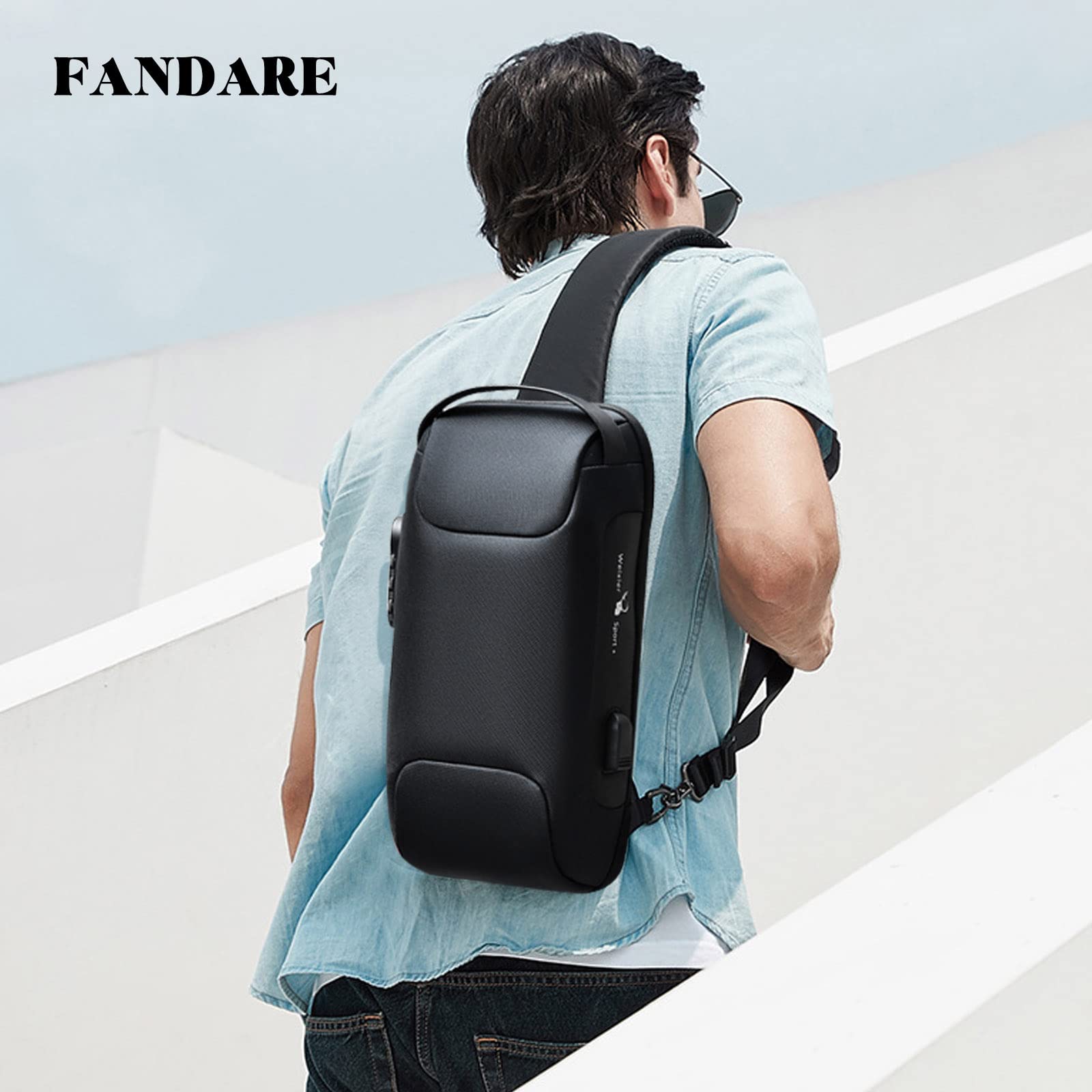 FANDARE Antirrobo Bolso Hombro Bolsa de Pecho Bandoleras Cruzada con USB Bandolera Bolsos Bandolera para Hombres Mujer Escolar Senderismo Viaje Multibolsillos Sling Crossbody Bag Poliéster Negro