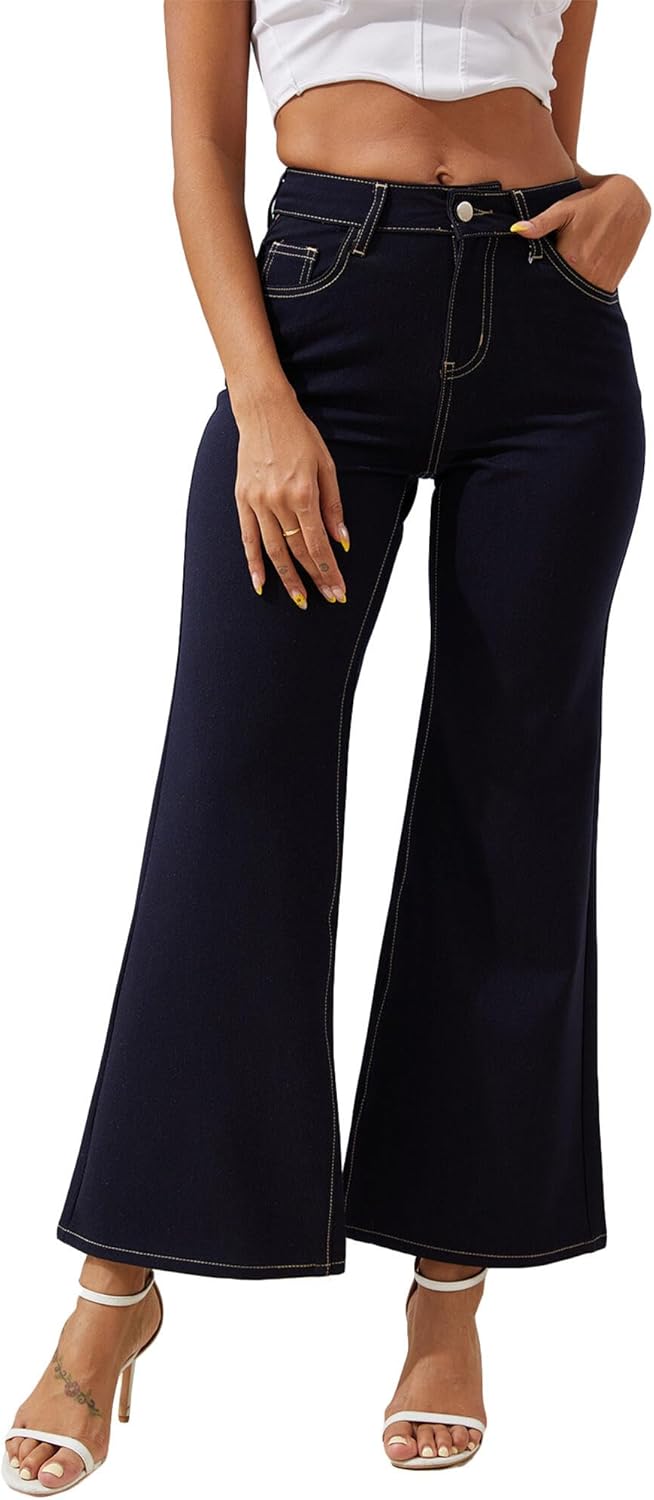 Wide Leg Jeans for Women Wrinkle Resistance Trendy High Waisted Flare Jean Cropped Stretchy Baggy Denim Pants