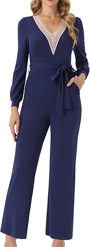 Seta T Women's Long Sleeve Jumpsuit V Neck Belted Stretchy Wide Leg Long Pant Ca