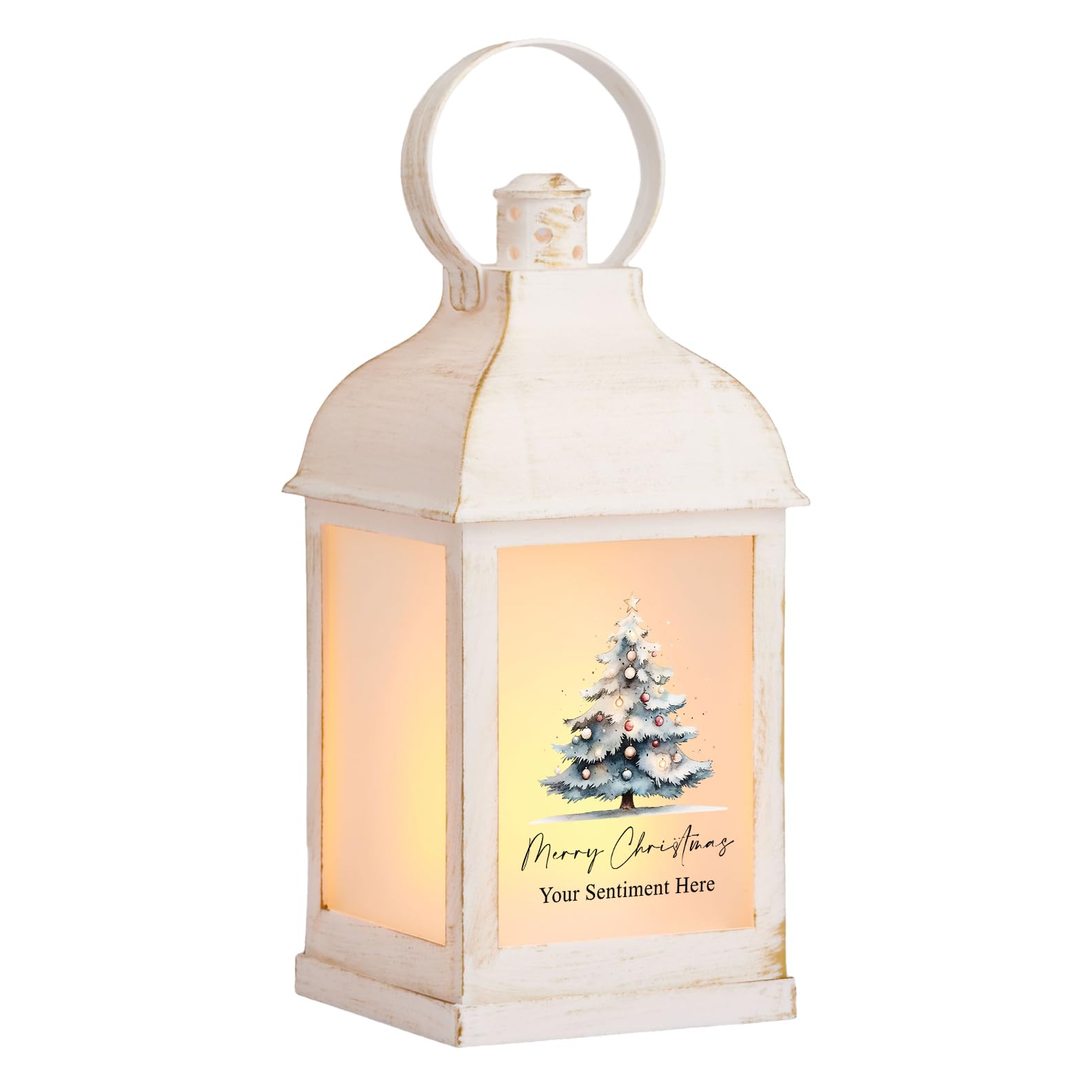 Personalised Christmas Lantern with Tree and Flickering Flame, Battery Powered, 20 cm (White)