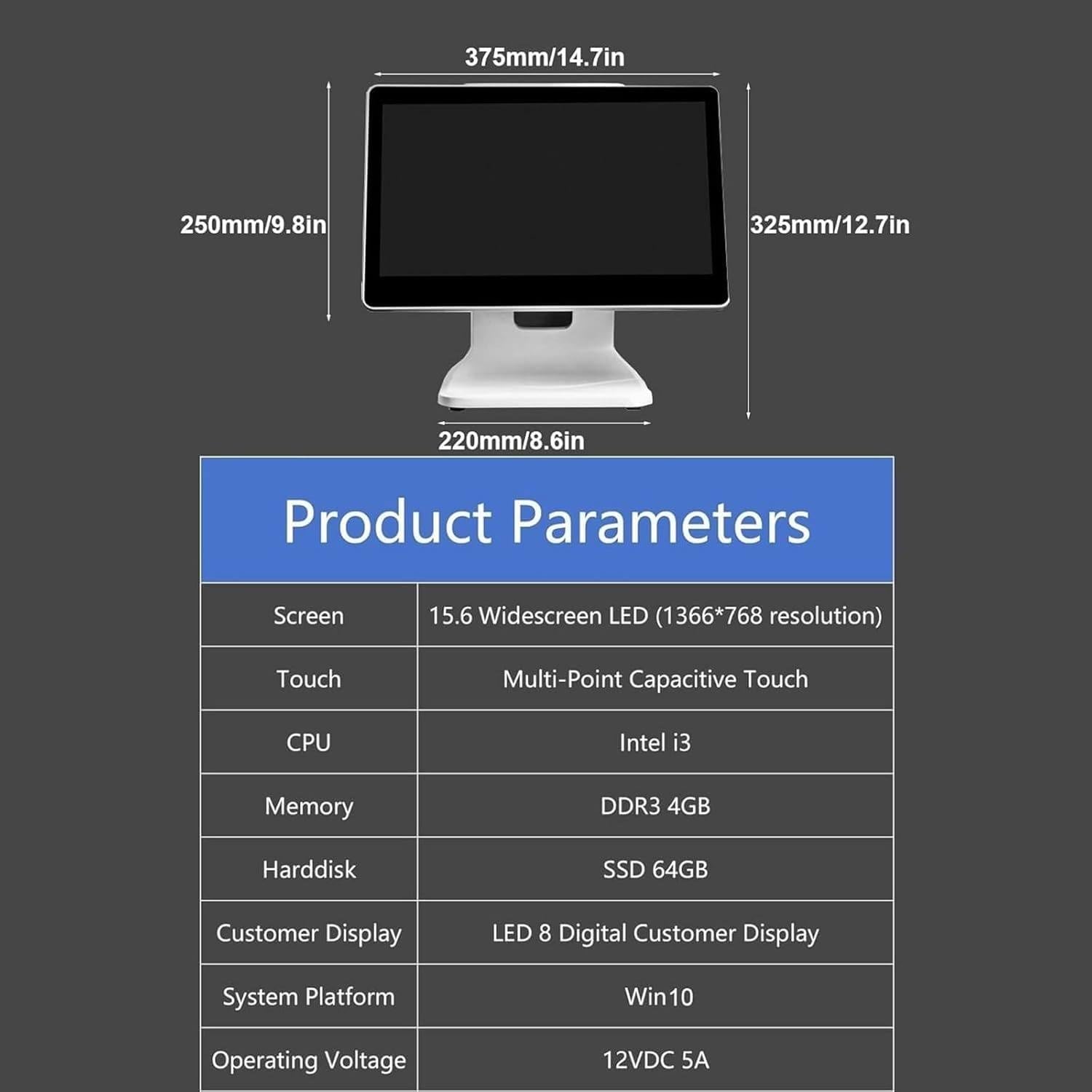 Profesjonalna kasa fiskalna 15,6-calowy ekran dotykowy PC systemy POS, HD Multi-Touch regulowany kąt inteligentny do małych firm supermarketów detalicznych sklep spożywczy