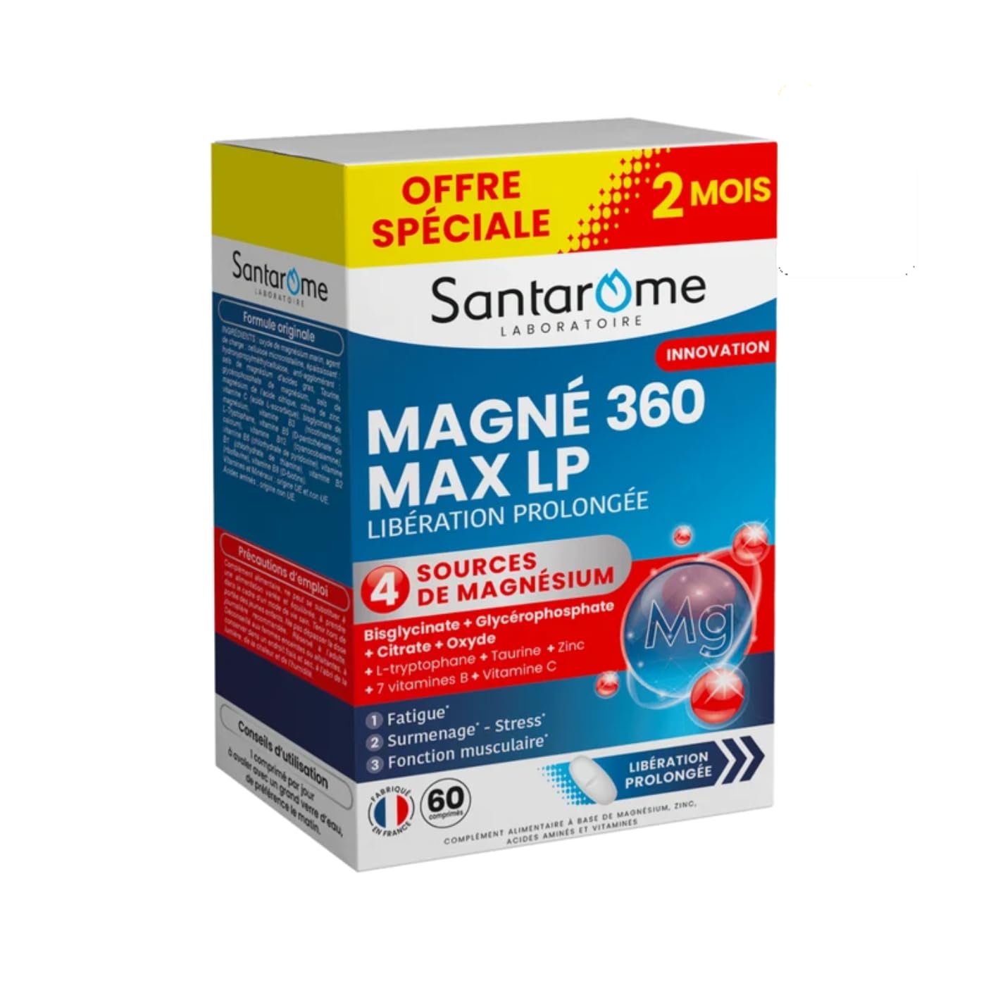 Santarome Magnésium 360 mg 4 Sources LP + Taurine - Fatigue - 60 Comprimés