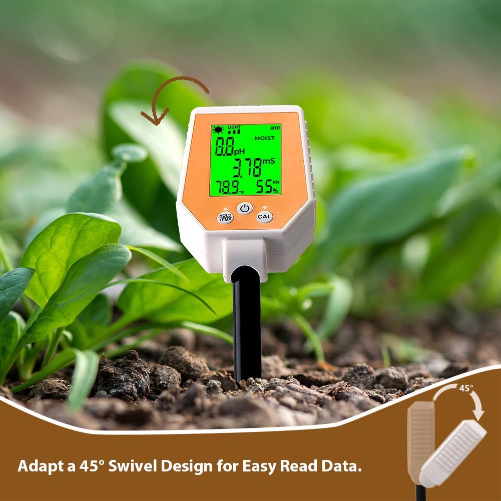 6-in-1 Soil Tester pH/EC///Air Humidity/Temp High Accuracy Conductivity Digital Hygrometer pH Meter Removable Panel for Gardening Farming