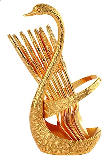 KLKCMS Cuchara de café, soporte decorativo para cuchara de cisne, juego de cubiertos de postre para cumpleaños, color dorado