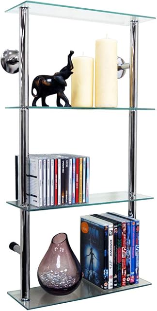 WATSONS MAXWELL - Wall Mounted 4 Tier Glass 90 CD / 60 DVD Storage Shelves - Clear/Silver